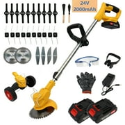 650W Weed Trimmer Cordless, 24V 2000mAh Battery Operated Weed Eater Electric Grass Trimmer with Wheels, 3 in 1 Battery Powered Weed Wacker with 3 Types Blades for Yard Garden, Yellow